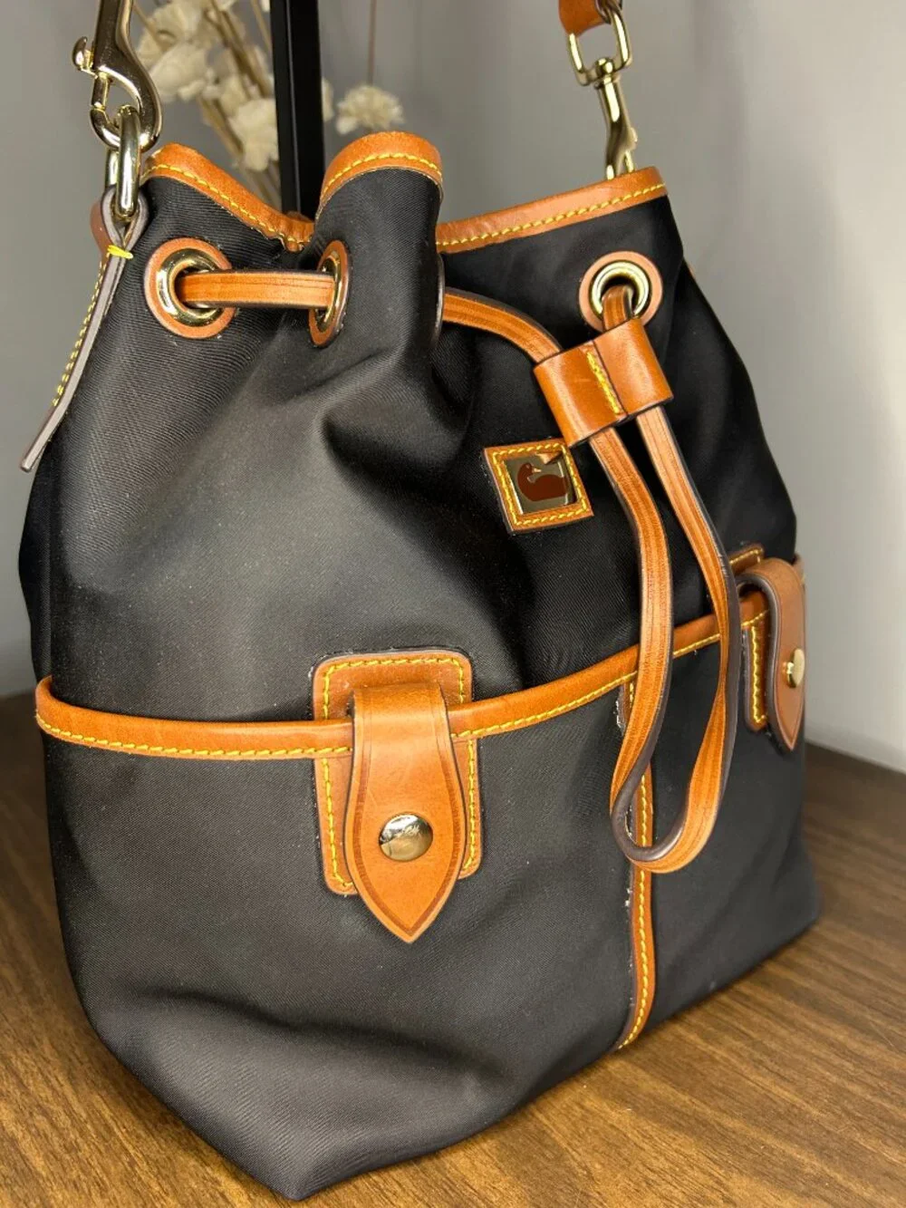 Dooney & Bourke Wayfarer Black Nylon Leather Drawstring Bucket Bag